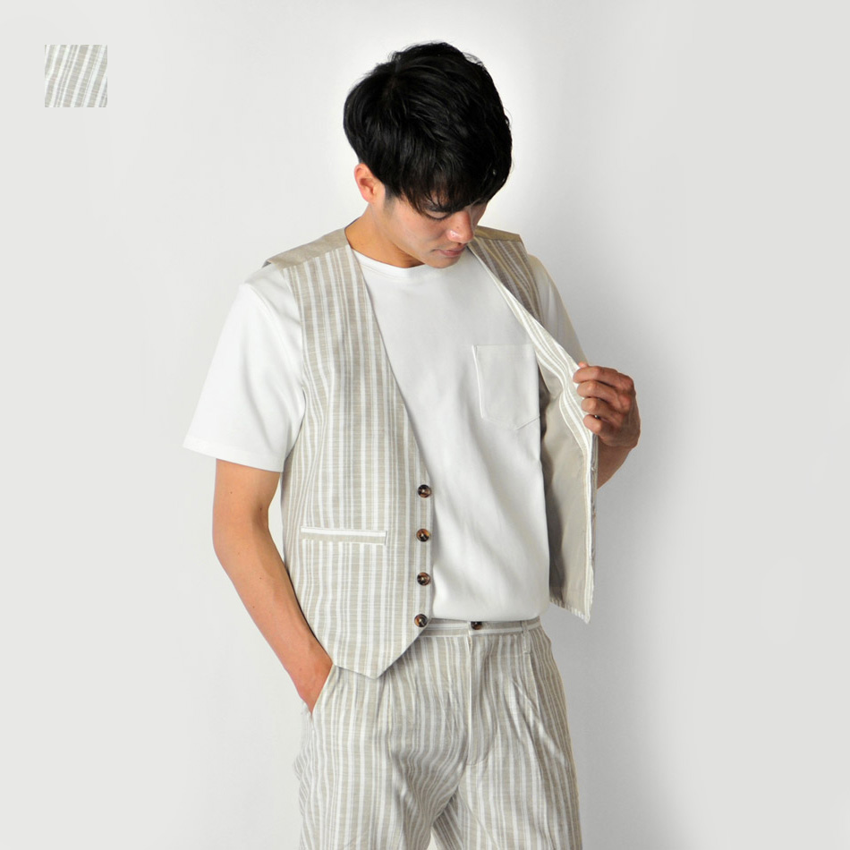 ベスト メンズ ジレ 春夏秋 綿麻 リネン 韓国系 韓国ファッション ベージュ ネイビー ストライプ 麻 M L XL LL 2L | EVOLUTION