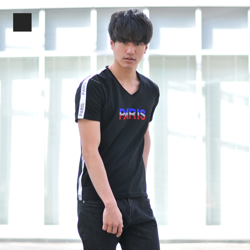 Tシャツ メンズ 半袖 ラインストーン ロゴ Vネック 春夏秋 サーフ系 BITTER系 ビター系 オラオラ系 お兄系 細め ティーシャツ 白 黒 ホワイト ブラック M L XL | EVOLUTION