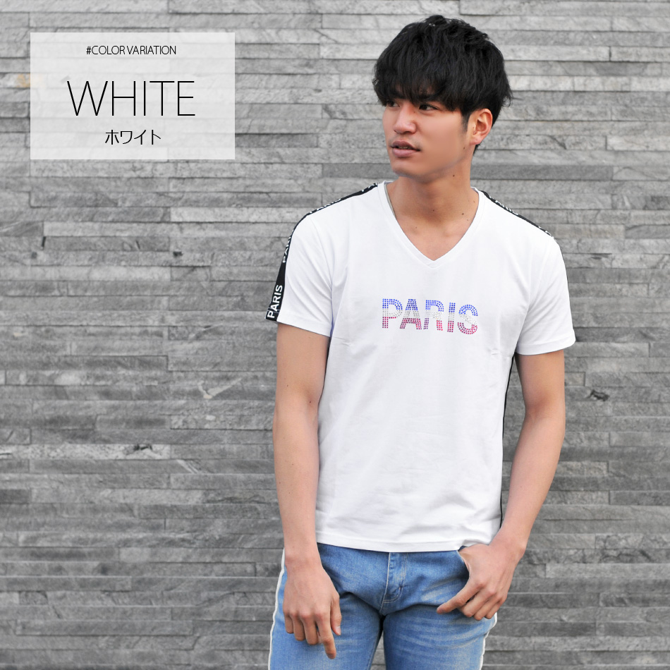 Tシャツ メンズ 半袖 ラインストーン ロゴ Vネック 春夏秋 サーフ系 BITTER系 ビター系 オラオラ系 お兄系 細め ティーシャツ 白 黒 ホワイト ブラック M L XL | EVOLUTION | 01