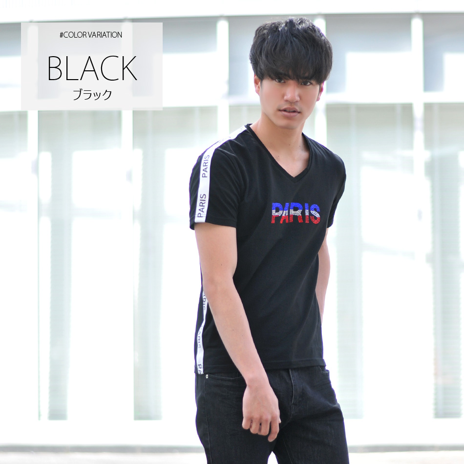 Tシャツ メンズ 半袖 ラインストーン ロゴ Vネック 春夏秋 サーフ系 BITTER系 ビター系 オラオラ系 お兄系 細め ティーシャツ 白 黒 ホワイト ブラック M L XL | EVOLUTION | 02