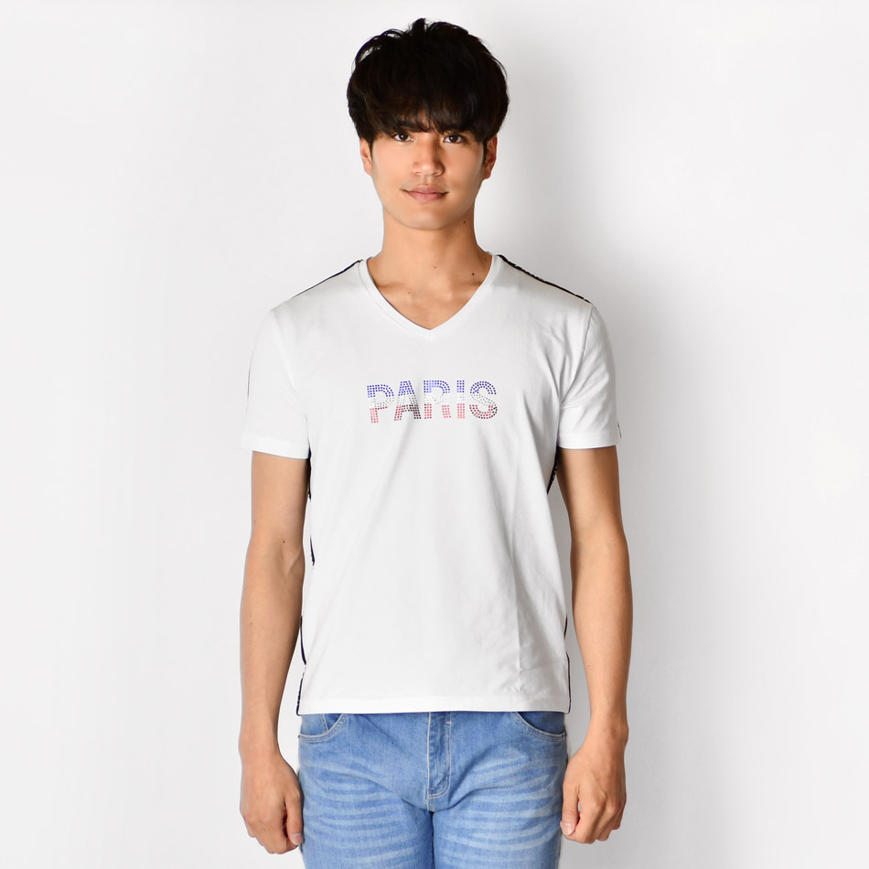 Tシャツ メンズ 半袖 ラインストーン ロゴ Vネック 春夏秋 サーフ系 BITTER系 ビター系 オラオラ系 お兄系 細め ティーシャツ 白 黒 ホワイト ブラック M L XL | EVOLUTION | 06