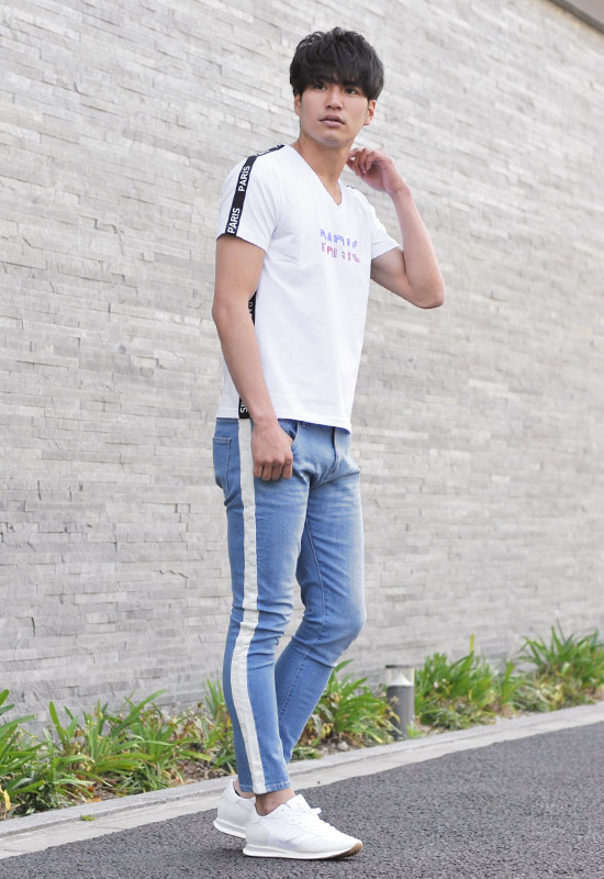 Tシャツ メンズ 半袖 ラインストーン ロゴ Vネック 春夏秋 サーフ系 BITTER系 ビター系 オラオラ系 お兄系 細め ティーシャツ 白 黒 ホワイト ブラック M L XL | EVOLUTION | 04