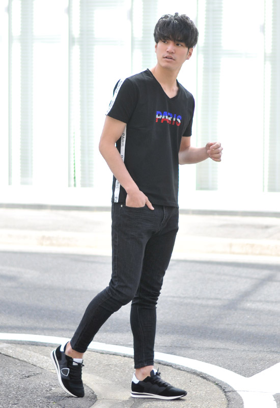 Tシャツ メンズ 半袖 ラインストーン ロゴ Vネック 春夏秋 サーフ系 BITTER系 ビター系 オラオラ系 お兄系 細め ティーシャツ 白 黒 ホワイト ブラック M L XL | EVOLUTION | 05