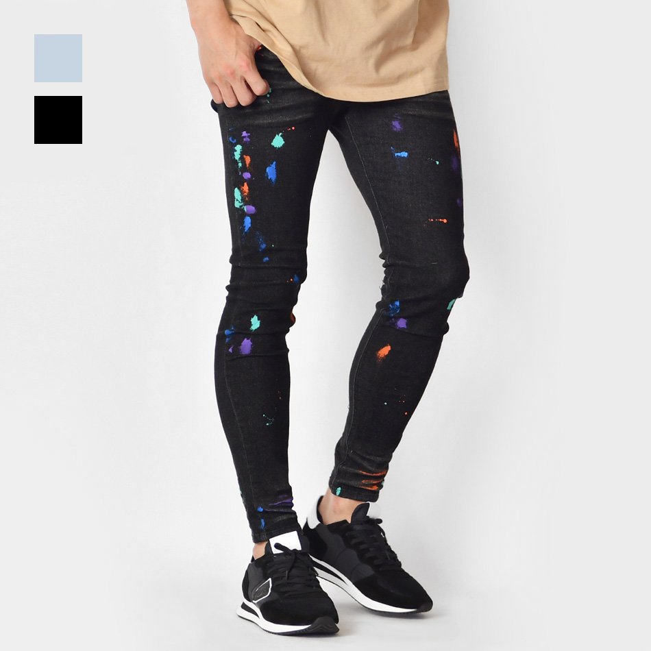 スキニー デニム ジーンズ メンズ アンクル丈 テーパードパンツ プリント ストリート ビター 韓国 黒 青 紺 ストレッチ サックス ブルー ブラック M L XL | EVOLUTION