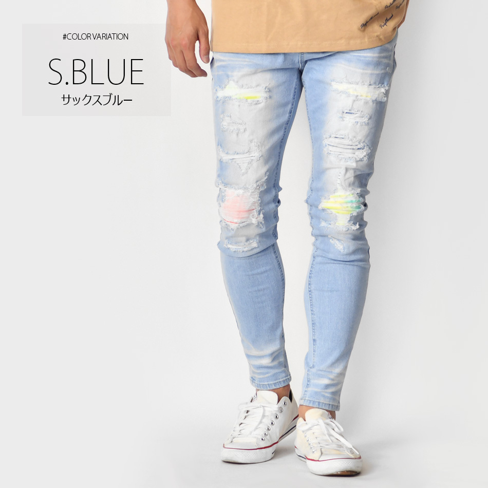 スキニー デニム ジーンズ メンズ アンクルパンツ クラッシュ加工 ユーズド加工 ストリート ビター 韓国 ブルー ストレッチ S | EVOLUTION | 01