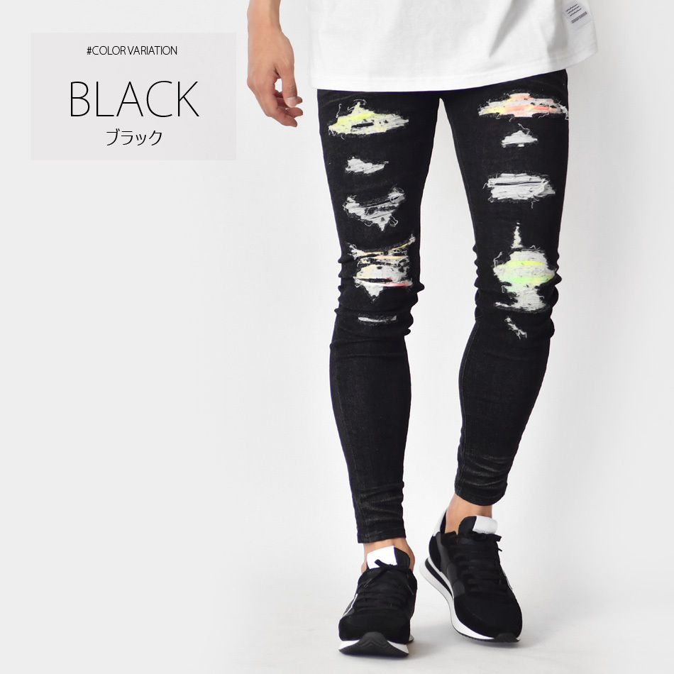 スキニー デニム ジーンズ メンズ アンクルパンツ クラッシュ加工 ユーズド加工 ストリート ビター 韓国 ブルー ストレッチ S | EVOLUTION | 03