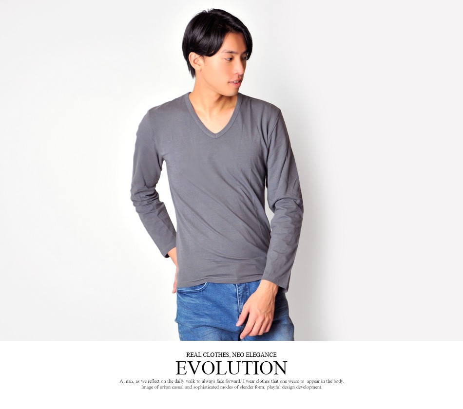 EVOLUTION カットソー Tシャツ 長袖 メンズ Vネック 秋 春 無地
