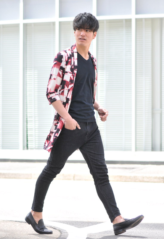 サマー カーディガン メンズ サマーニット ロングカーディガン 薄手 7分袖 半袖 ロング丈 総柄 春夏秋 グレー ブラック レッド 赤 黒 M L XL 21138 | EVOLUTION | 09