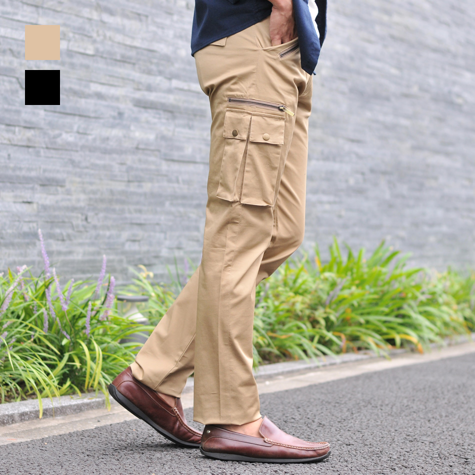 カーゴパンツ メンズ スリム タイト 細め 細身 綺麗め モード ストレッチ 春夏秋冬 ミリタリー 軍パン テーパードパンツ ベージュ カーキ ブラック 黒 | EVOLUTION