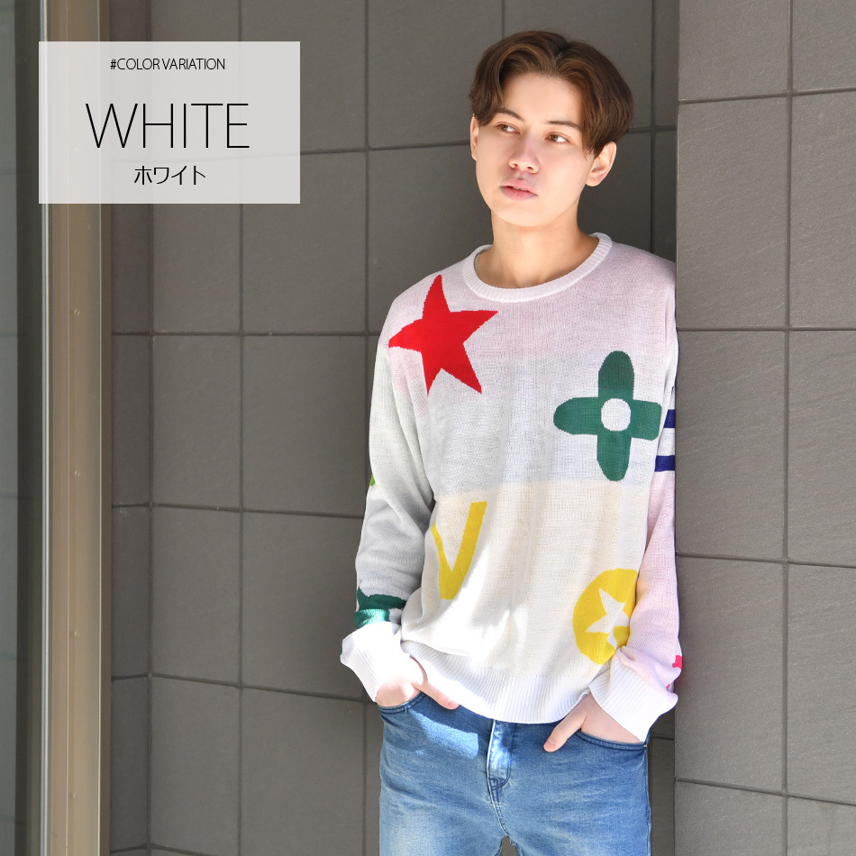 ニット メンズ セーター クルーネック 長袖 薄手 モノグラム ジャガード 春秋冬 ハイゲージ サーフ モード ビター オラオラ系 ホワイト ブラック 白 黒 M L XL | EVOLUTION | 01