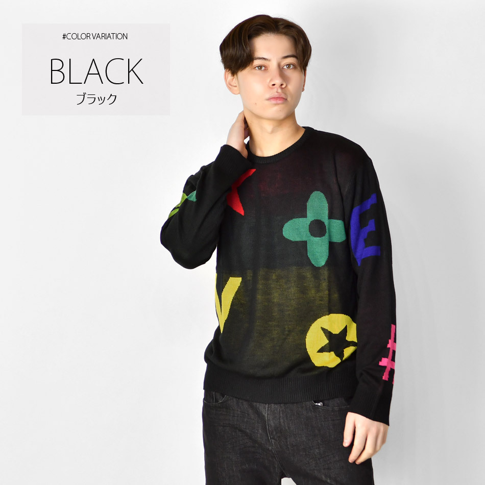 ニット メンズ セーター クルーネック 長袖 薄手 モノグラム ジャガード 春秋冬 ハイゲージ サーフ モード ビター オラオラ系 ホワイト ブラック 白 黒 M L XL | EVOLUTION | 02