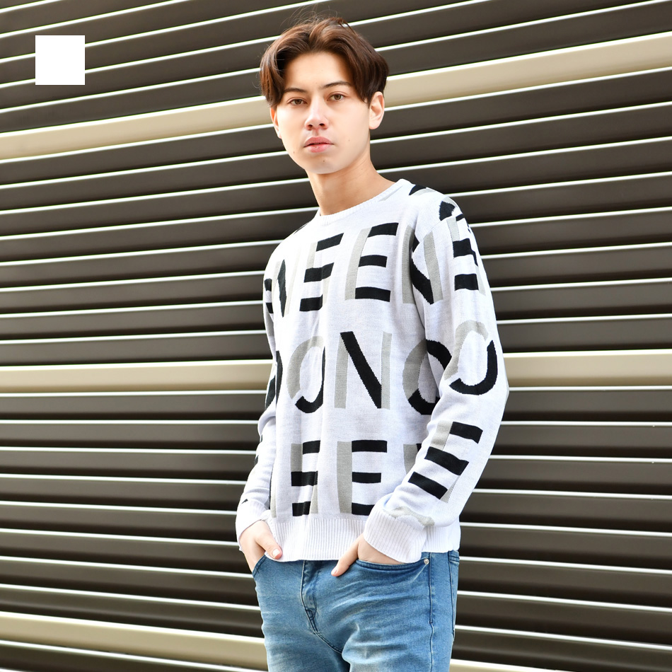 ニット メンズ セーター クルーネック 長袖 薄手 ロゴ 春秋冬 暖かい ハイゲージ サーフ モード ビター オラオラ お兄系 ホワイト ブラック 白 黒 M L | EVOLUTION