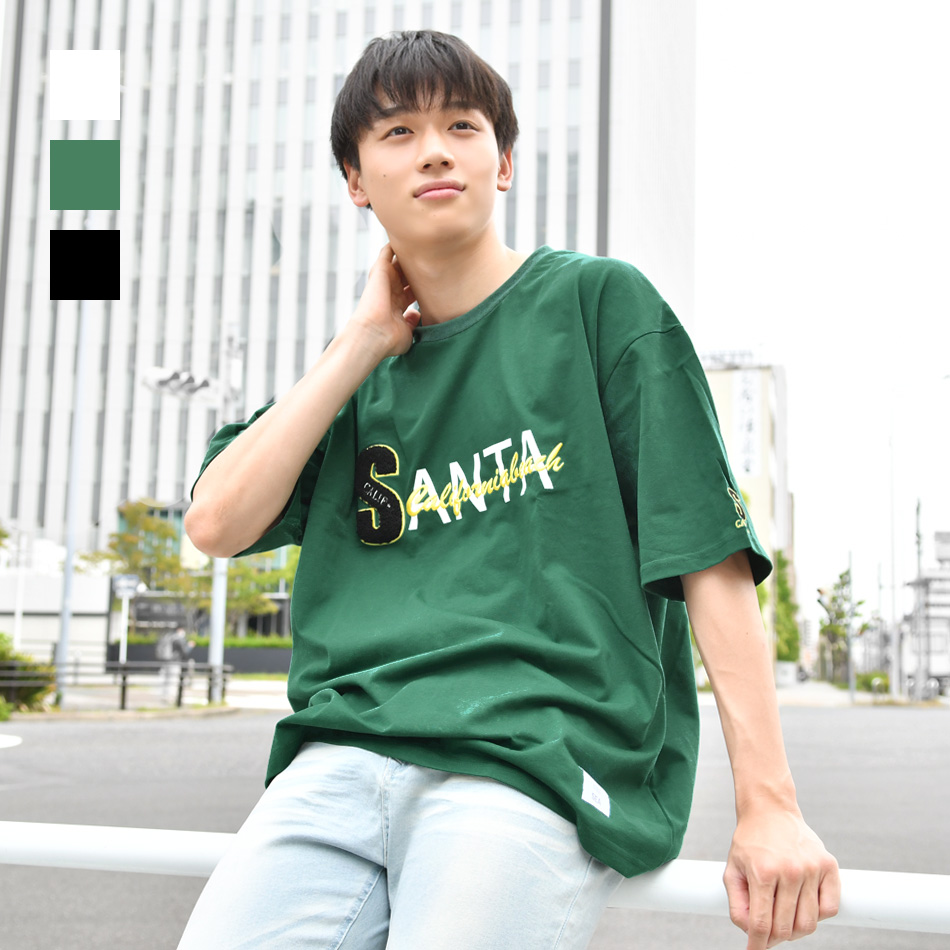 Tシャツ メンズ ビッグシルエット 半袖 ロゴ サガラ刺繍 サーフ系 ストリート系 韓国ファッション ビター系 ホワイト ブラック グリーン 白 黒 緑 M L XL | EVOLUTION