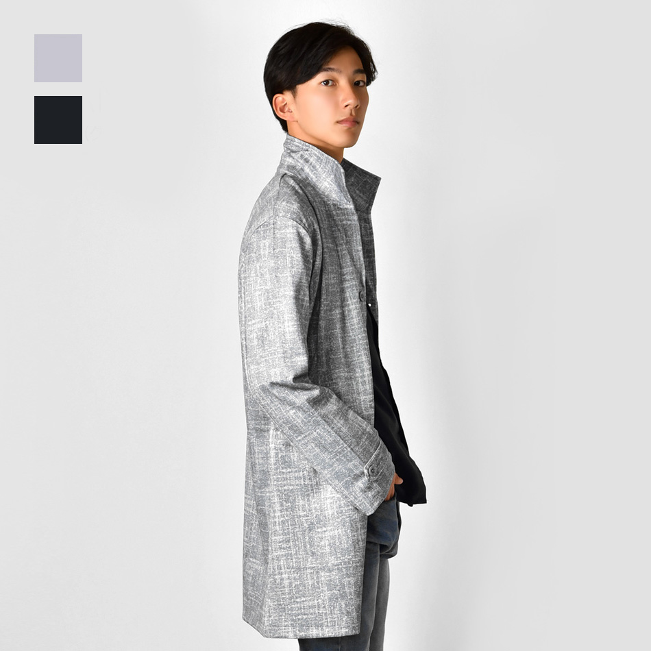 コート メンズ スタンドカラー 春秋冬 スプリングコート ストレッチ 総柄 裏地なし 薄め モード ビター オラオラ系 グレー ブラック ヘリンボーン M L XL | EVOLUTION