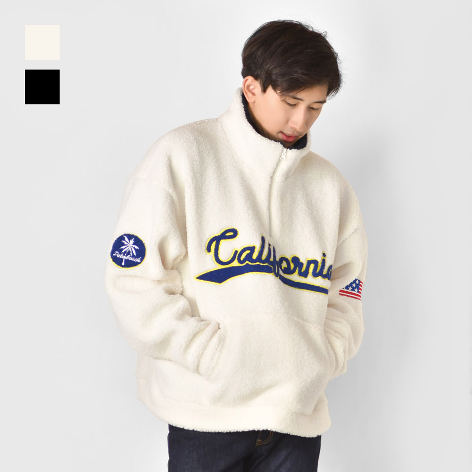 ボアジャケット メンズ ビッグシルエット ハーフジップ ロゴ 刺繍 星条旗柄 春秋冬 サーフ アメカジ ストリート ホワイト ブルー ブラック 白 黒 M L XL 23546 | EVOLUTION