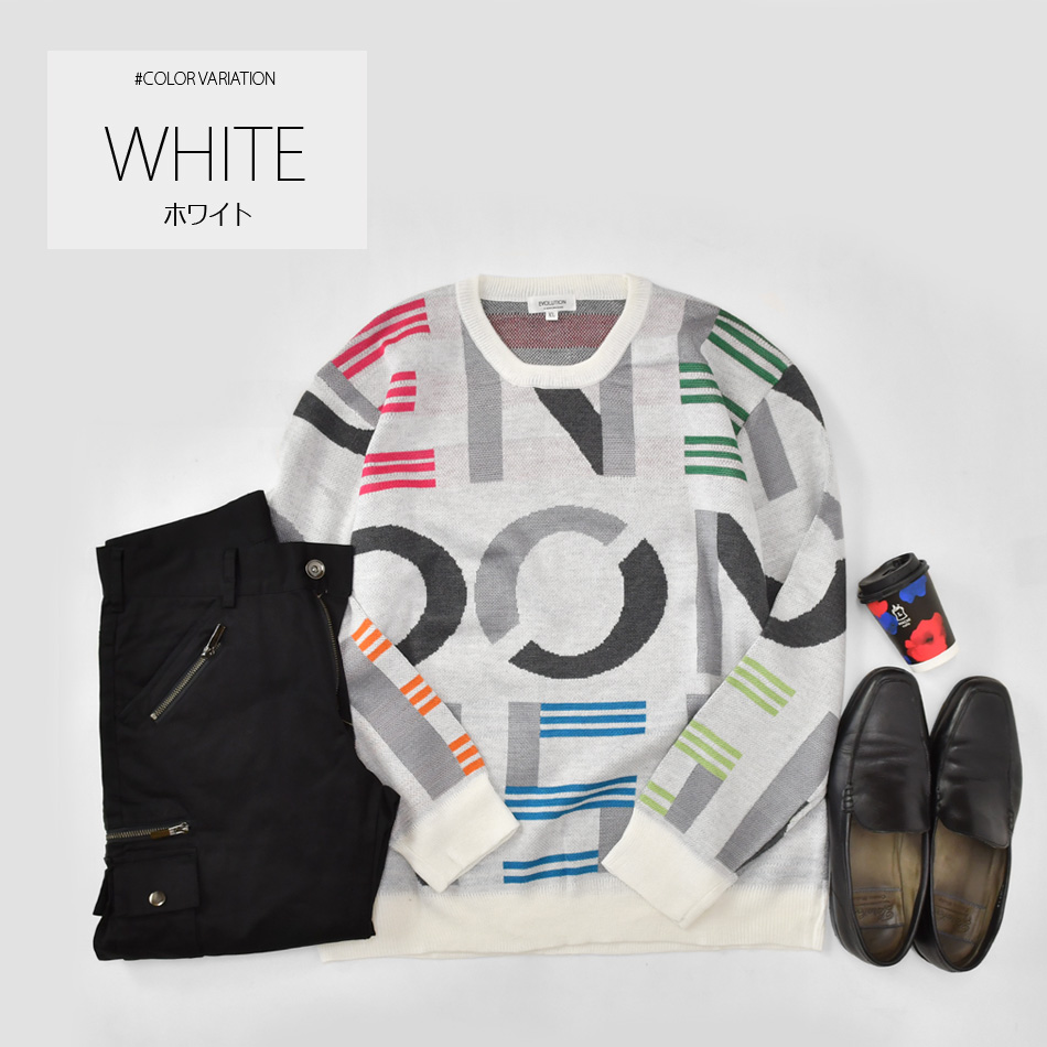 ニット メンズ セーター 長袖 春秋冬 ロゴ 総柄 ハイゲージ クルーネック 韓国ファッション ゴルフウエア モード系 オラオラ系 白 黒 ホワイト ブラック M L X | EVOLUTION | 01