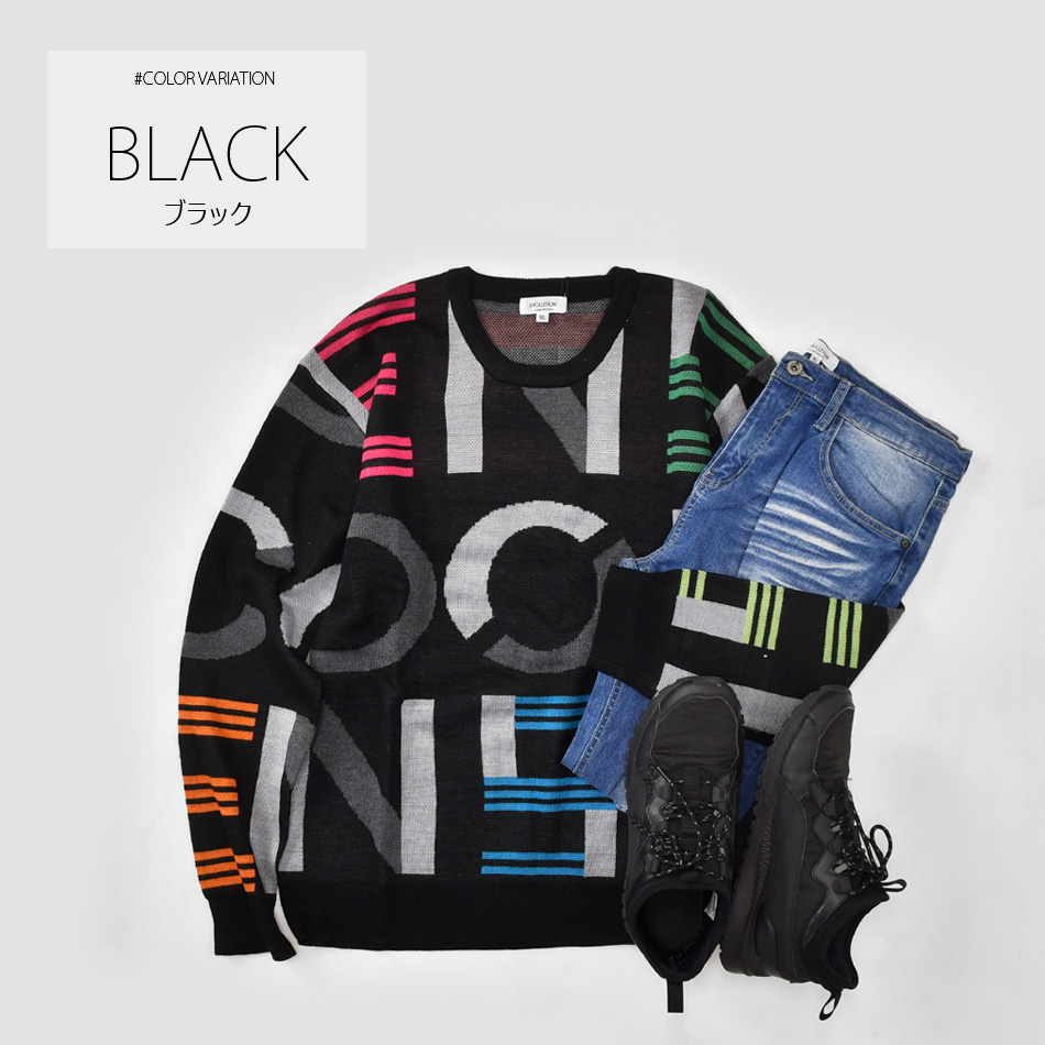 ニット メンズ セーター 長袖 春秋冬 ロゴ 総柄 ハイゲージ クルーネック 韓国ファッション ゴルフウエア モード系 オラオラ系 白 黒 ホワイト ブラック M L X | EVOLUTION | 02