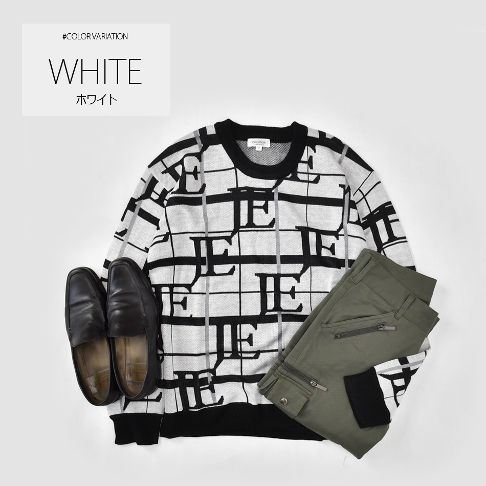 ニット メンズ セーター 長袖 春秋冬 ロゴ 総柄 チクチクしない ハイゲージ クルーネック ゴルフウエア モード ビター オラオラ 白 黒 ホワイト ブラック M L XL | EVOLUTION | 01