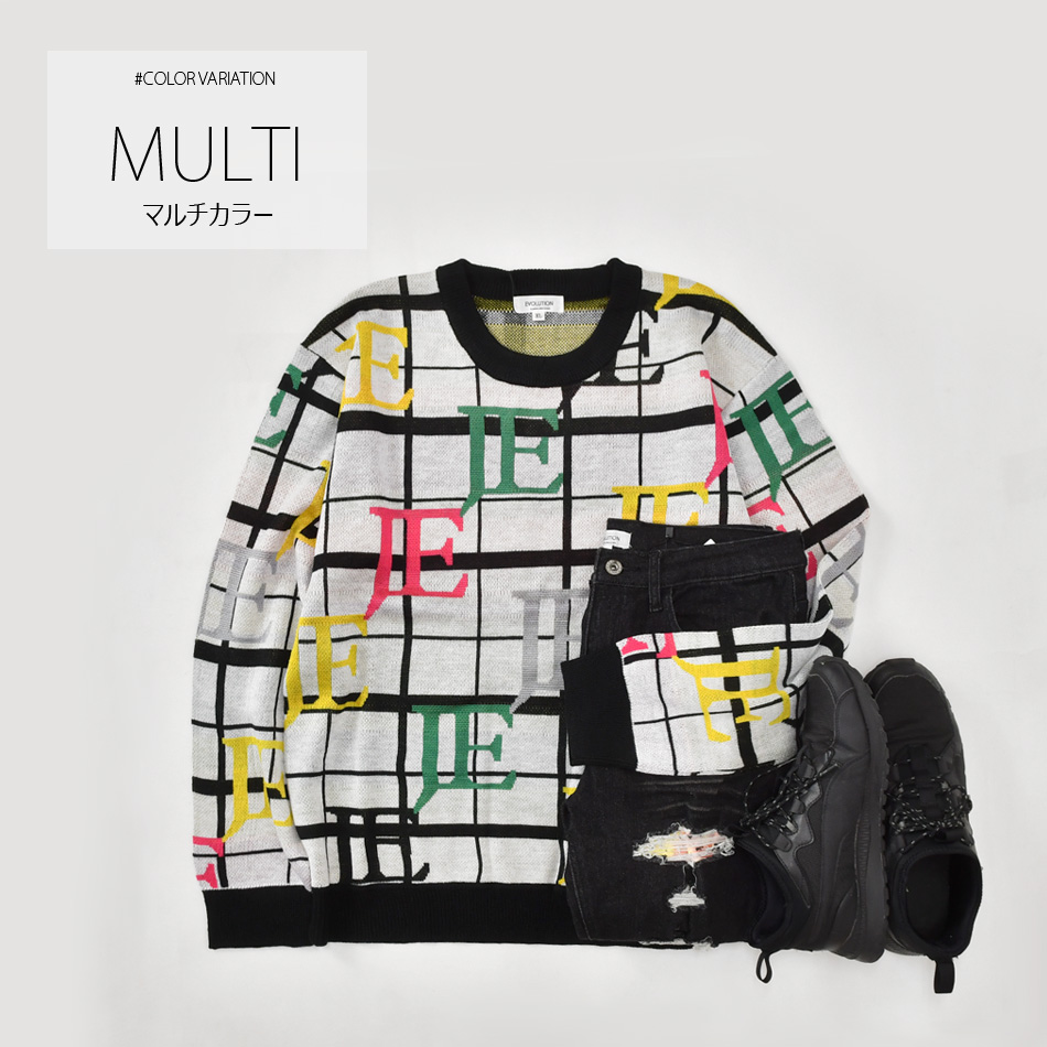 ニット メンズ セーター 長袖 春秋冬 ロゴ 総柄 チクチクしない ハイゲージ クルーネック ゴルフウエア モード ビター オラオラ 白 黒 ホワイト ブラック M L XL | EVOLUTION | 02