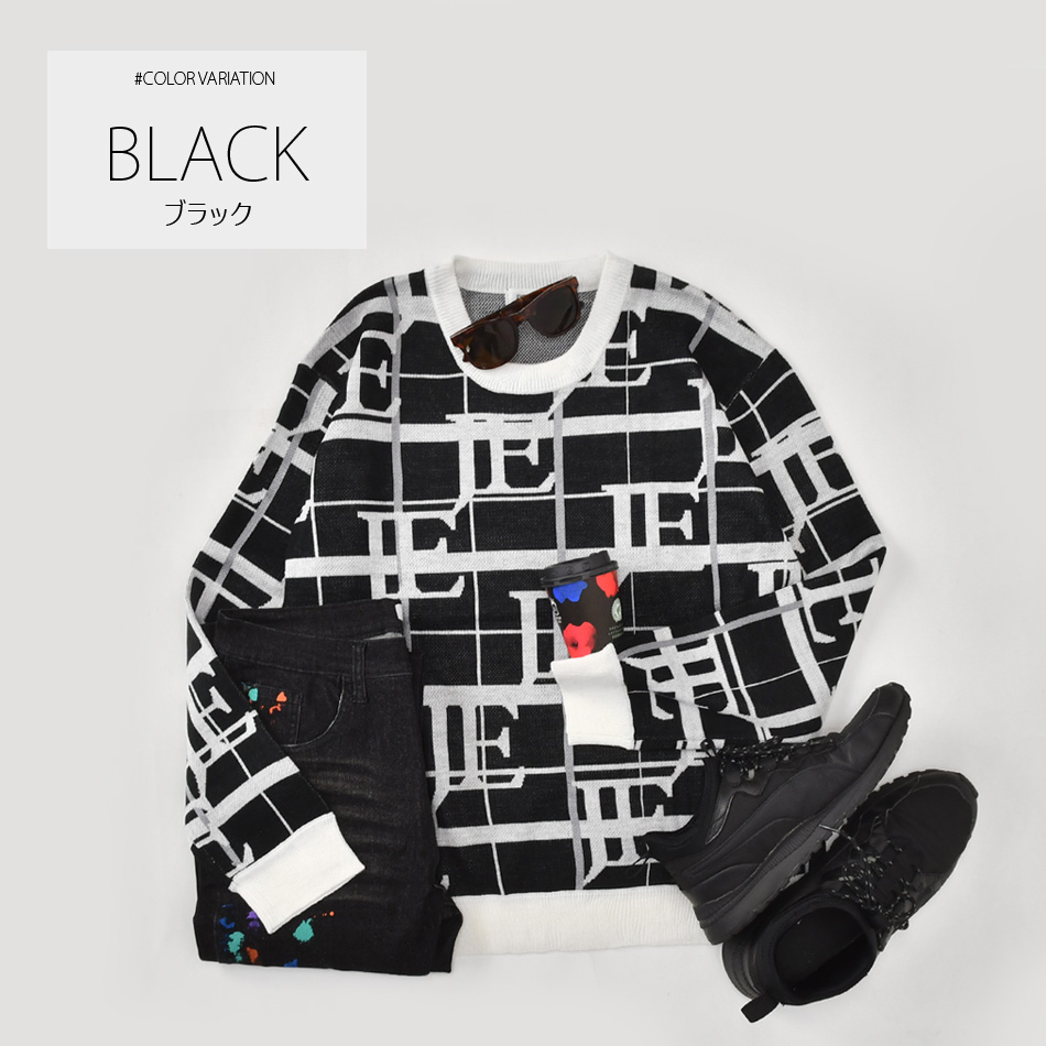 ニット メンズ セーター 長袖 春秋冬 ロゴ 総柄 チクチクしない ハイゲージ クルーネック ゴルフウエア モード ビター オラオラ 白 黒 ホワイト ブラック M L XL | EVOLUTION | 03