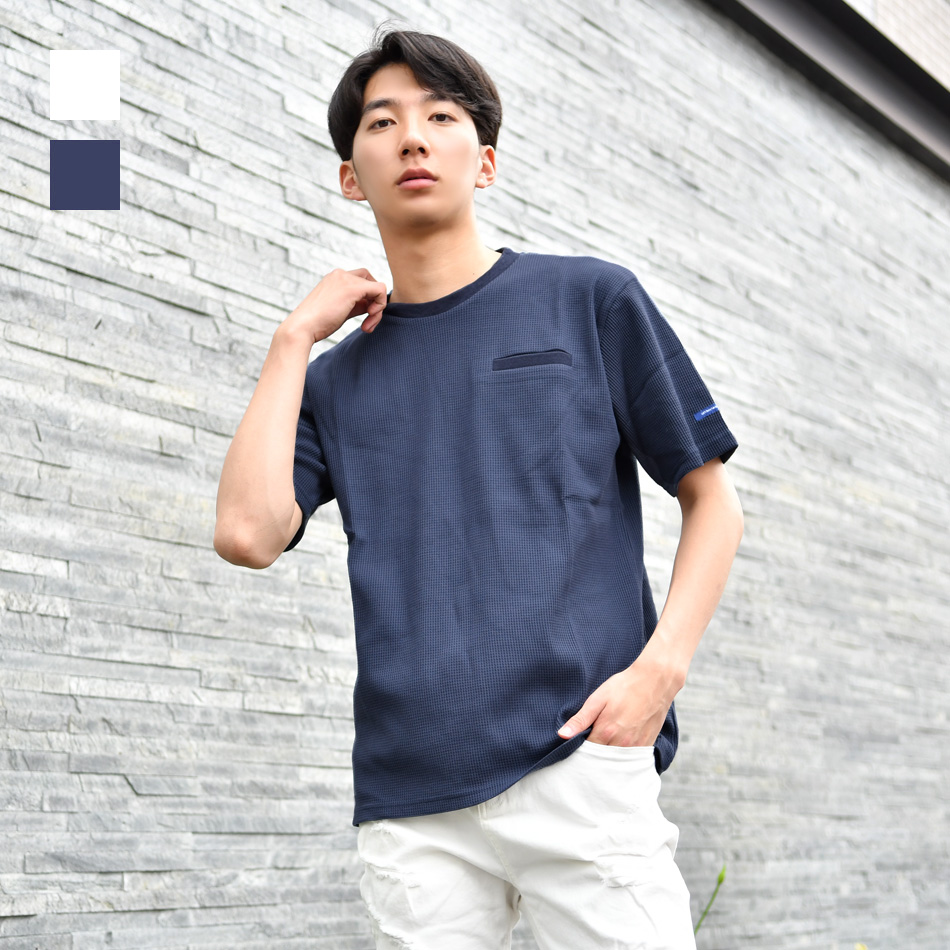 Tシャツ メンズ 半袖 ワッフル サーマル クルーネック ヘンリーネック 無地 ポケット付き ホワイト ネイビー 白 紺 アメカジ M L 2L 3L 26159 | EVOLUTION