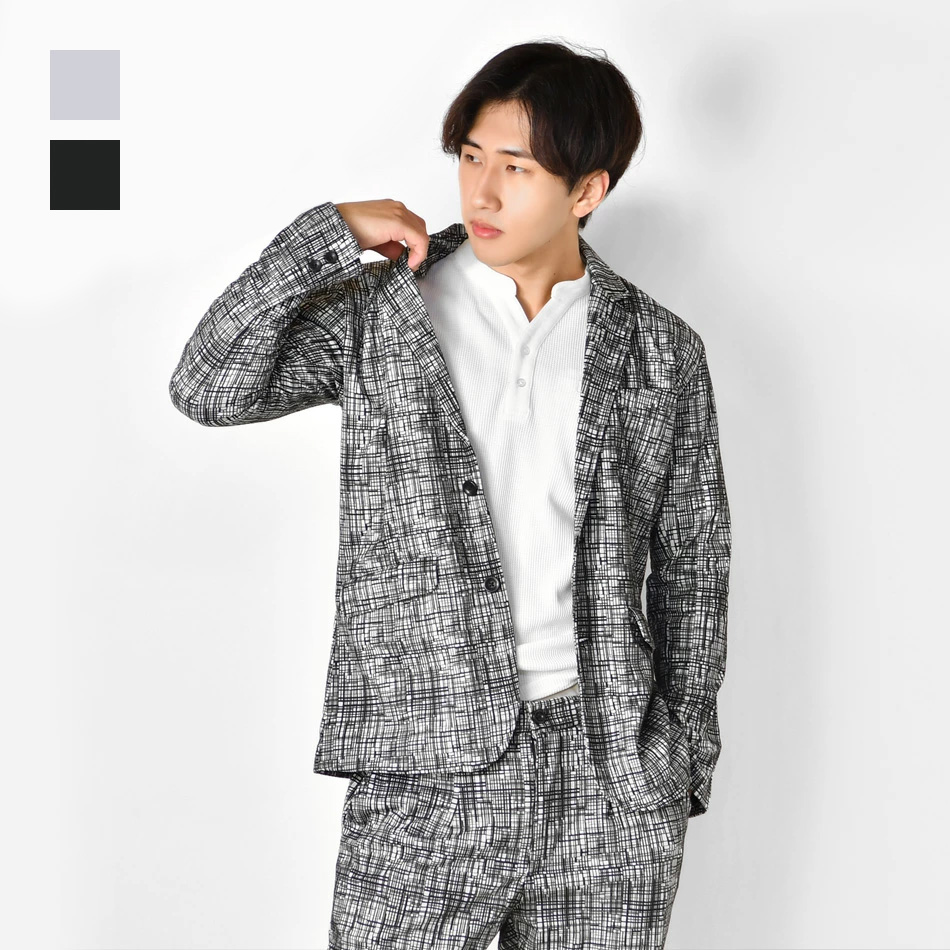 サマージャケット メンズ テーラードジャケット 裏地なし ゴルフ用 春夏秋 カジュアル 綺麗め モード 総柄 シングル 2釦 黒 グレー ブラック M L XL 31102 | EVOLUTION