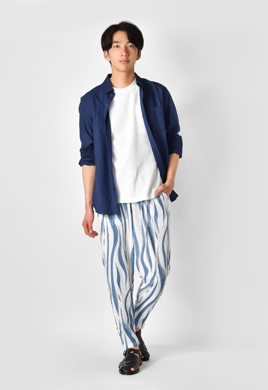 イージーパンツ メンズ テーパードパンツ 薄手 プリーツ ストレッチ 春秋冬 ビター系 韓国ファッション モード ブルー ブラウン グレー ブラック ペイズリー M L | EVOLUTION | 07