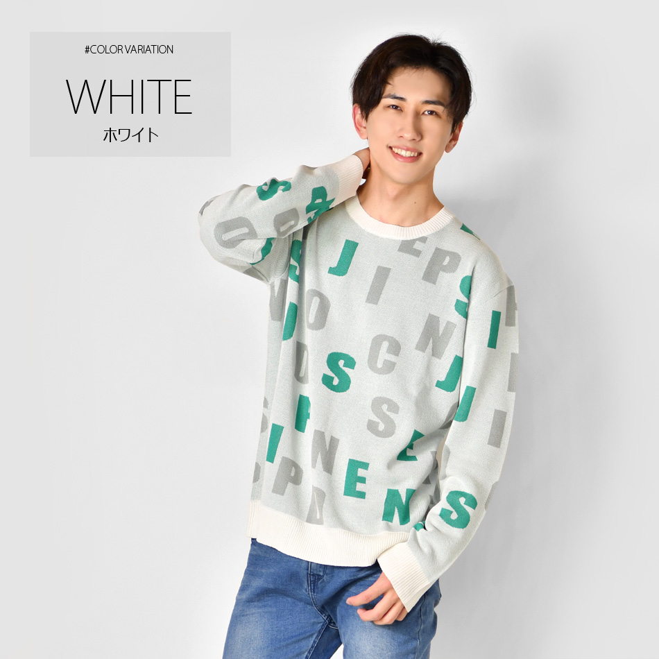 ニット メンズ セーター 長袖 ロゴ クルーネック 春秋冬 ユニセックス ゴルフ ストリート モード サーフ ビター オラオラ系 ホワイト ブラック 白 黒 M L XL | EVOLUTION | 01