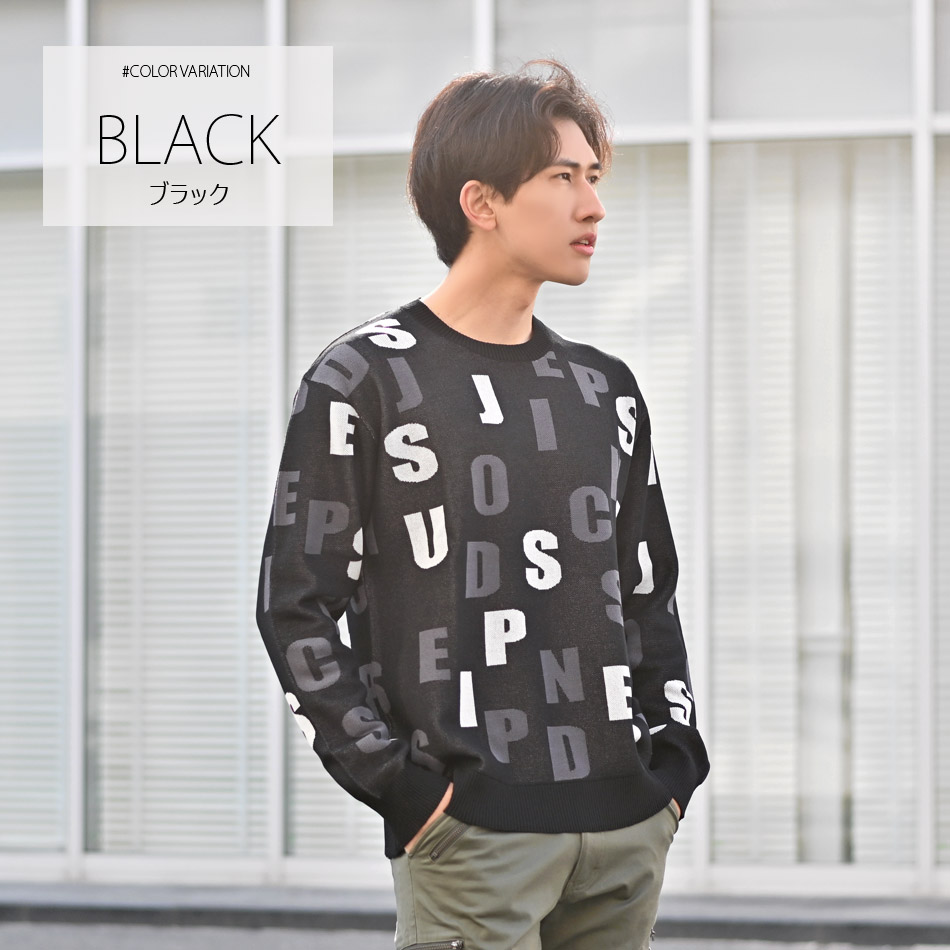 ニット メンズ セーター 長袖 ロゴ クルーネック 春秋冬 ユニセックス ゴルフ ストリート モード サーフ ビター オラオラ系 ホワイト ブラック 白 黒 M L XL | EVOLUTION | 02