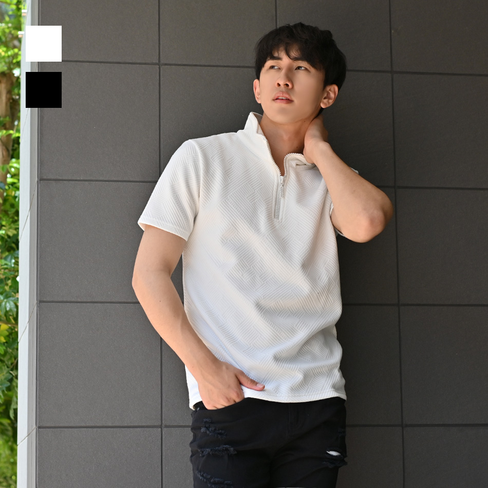 ポロシャツ メンズ 無地 半袖 ラインストーン 衿ワイヤー入り 総柄 ゴルフウエア モード 綺麗め ビター オラオラ系 タイト 細め 白 黒 ホワイト ブラック M L XL | EVOLUTION