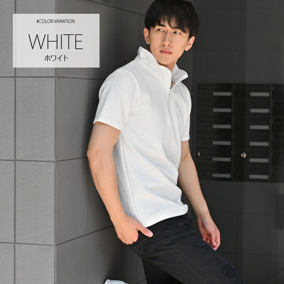 ポロシャツ メンズ 無地 半袖 ラインストーン 衿ワイヤー入り 総柄 ゴルフウエア モード 綺麗め ビター オラオラ系 タイト 細め 白 黒 ホワイト ブラック M L XL | EVOLUTION | 05