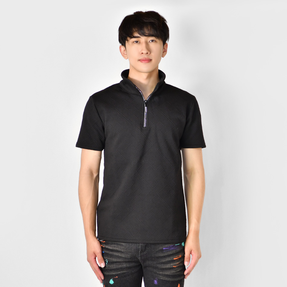 ポロシャツ メンズ 無地 半袖 ラインストーン 衿ワイヤー入り 総柄 ゴルフウエア モード 綺麗め ビター オラオラ系 タイト 細め 白 黒 ホワイト ブラック M L XL | EVOLUTION | 09