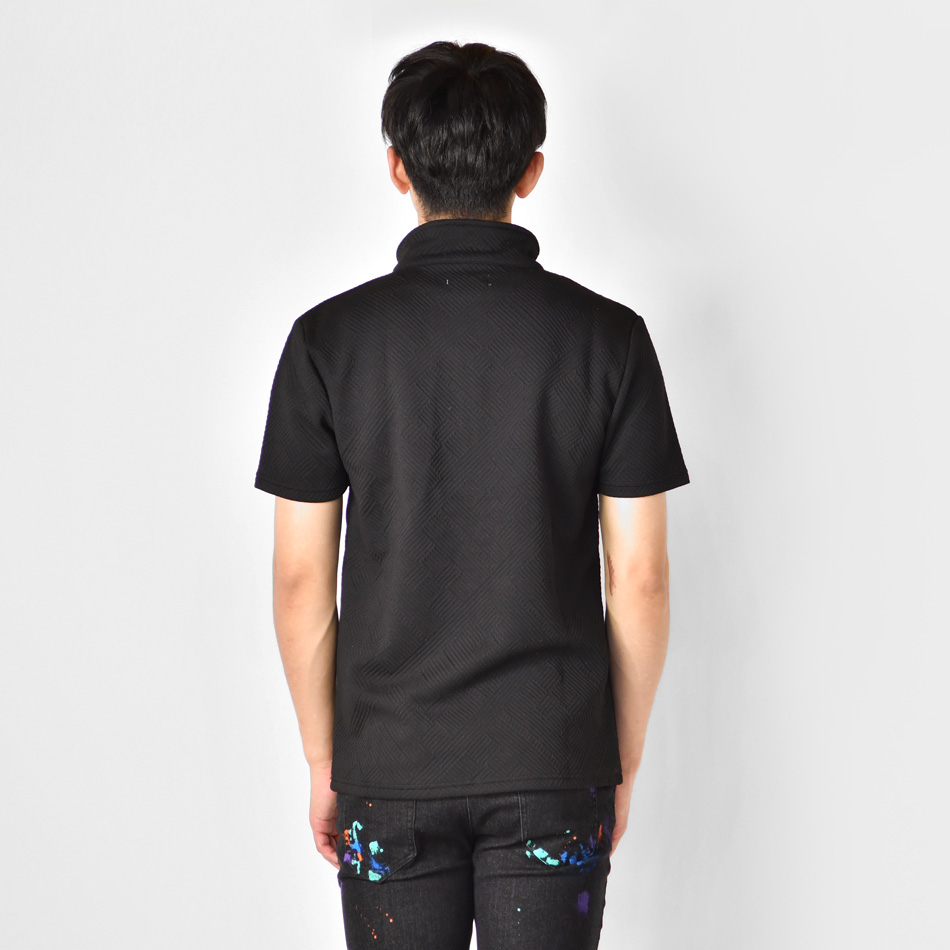 ポロシャツ メンズ 無地 半袖 ラインストーン 衿ワイヤー入り 総柄 ゴルフウエア モード 綺麗め ビター オラオラ系 タイト 細め 白 黒 ホワイト ブラック M L XL | EVOLUTION | 10