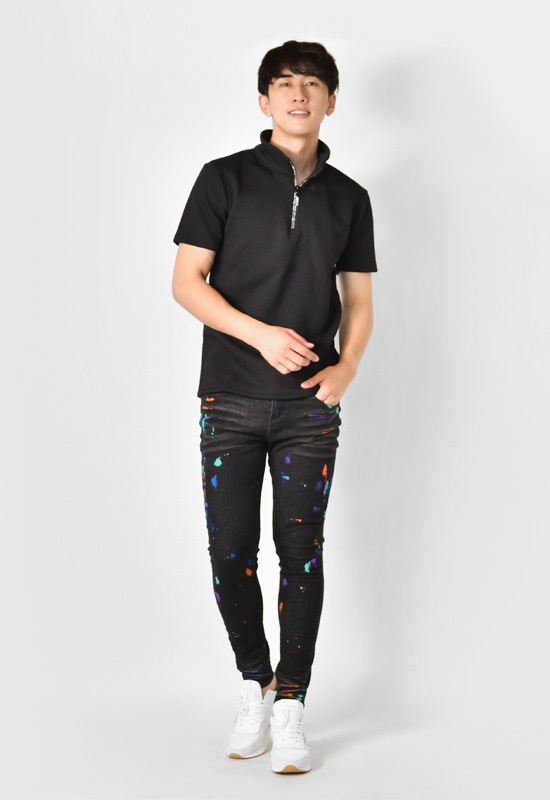 ポロシャツ メンズ 無地 半袖 ラインストーン 衿ワイヤー入り 総柄 ゴルフウエア モード 綺麗め ビター オラオラ系 タイト 細め 白 黒 ホワイト ブラック M L XL | EVOLUTION | 08