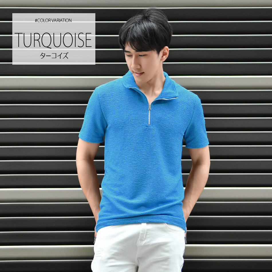 ポロシャツ メンズ 無地 半袖 衿ワイヤー ゴルフウエア モード系 綺麗め タイト 細め 春夏秋 白 青 緑 黒 ホワイト グリーン ターコイズ ブルー ブラック M L XL | EVOLUTION | 10