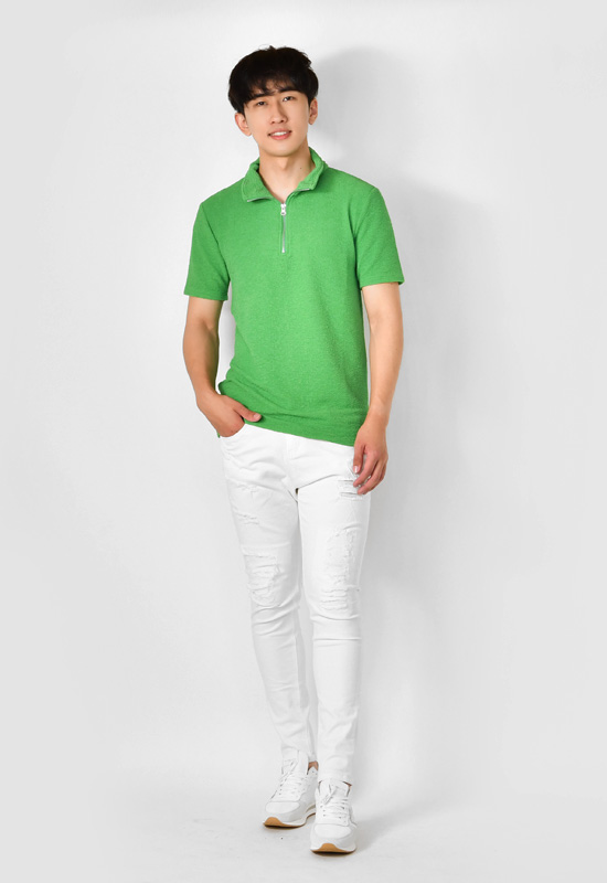 ポロシャツ メンズ 無地 半袖 衿ワイヤー ゴルフウエア モード系 綺麗め タイト 細め 春夏秋 白 青 緑 黒 ホワイト グリーン ターコイズ ブルー ブラック M L XL | EVOLUTION | 13