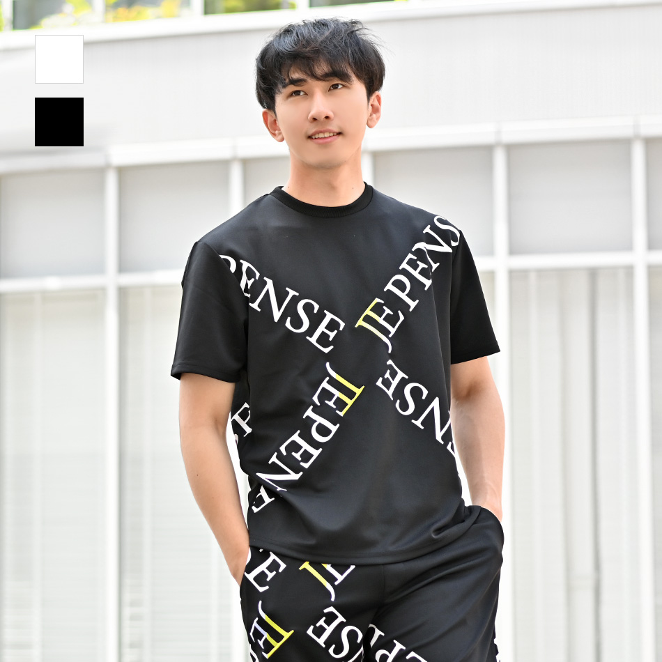 tシャツ メンズ カットソー 半袖 ロゴ 刺繍 ポンチ クルーネック サーフ系 オラオラ系 お兄系 ジムウエア ゴルフウエア 春夏秋 白 黒 ホワイト ブラック M L XL | EVOLUTION
