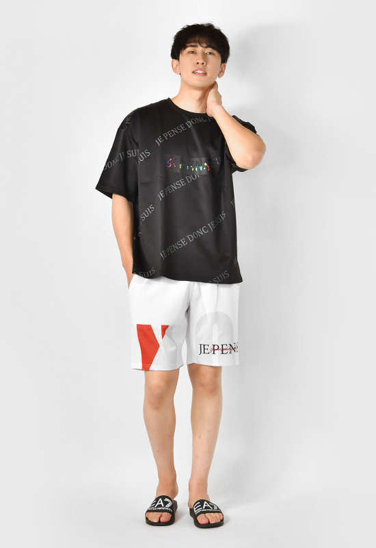 ハーフパンツ メンズ ショートパンツ ロゴ 刺繍 ポンチ モード オラオラ系 お兄系 ジムウエア ゴルフウエア 春夏秋 白 黄 黒 ホワイト イエロー ブラック M L XL | EVOLUTION | 08