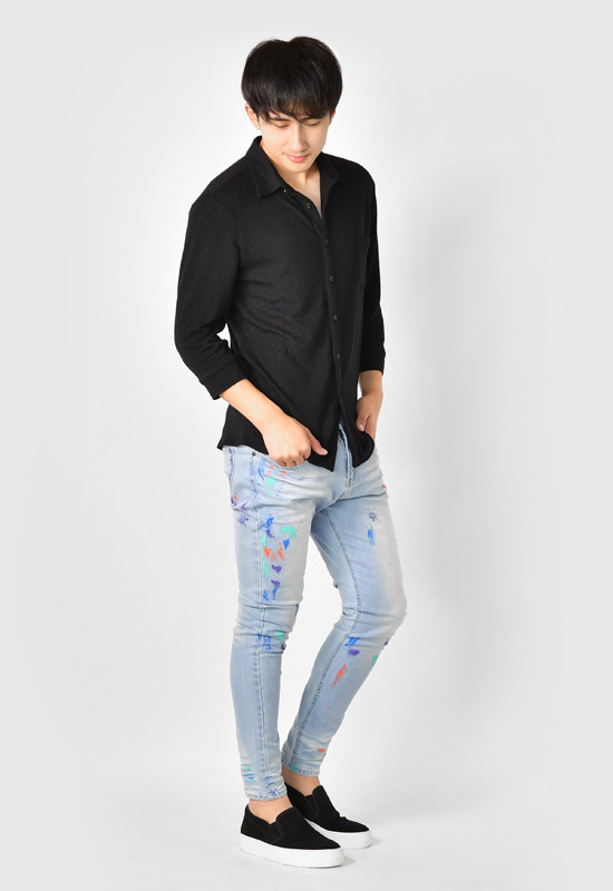 シャツ メンズ ニット カジュアル  無地 ストレッチ 七分袖 タイト 春夏秋 サーフ系 オラオラ系 白 緑 青 黒 ホワイト グリーン サックスブルー ブラック M L XL | EVOLUTION | 13