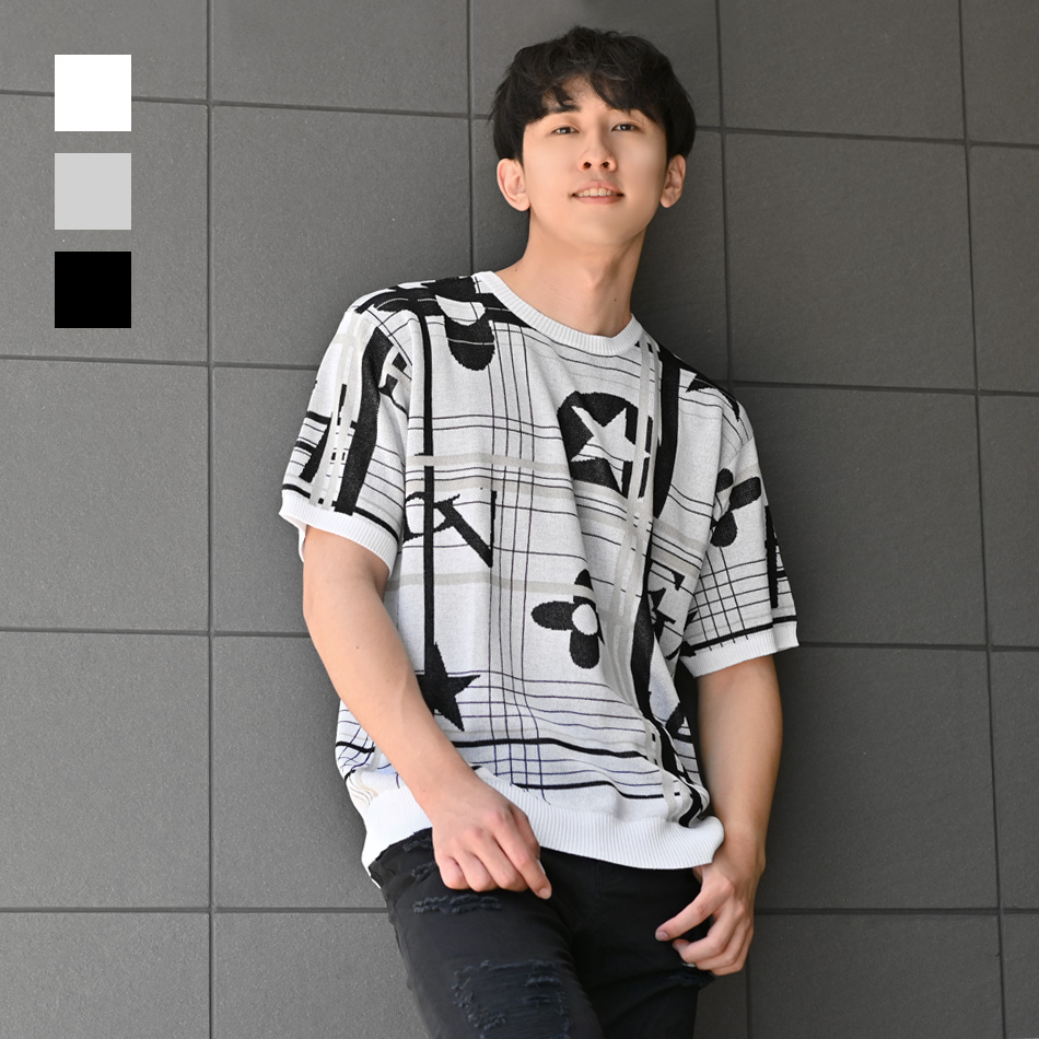 サマーニット メンズ Tシャツ 半袖 ロゴ 春夏秋 韓国ファッション モード系 サーフ オラオラ ビター カジュアル 白 黒 ホワイト グレー ブラック ロゴ M L XL | EVOLUTION