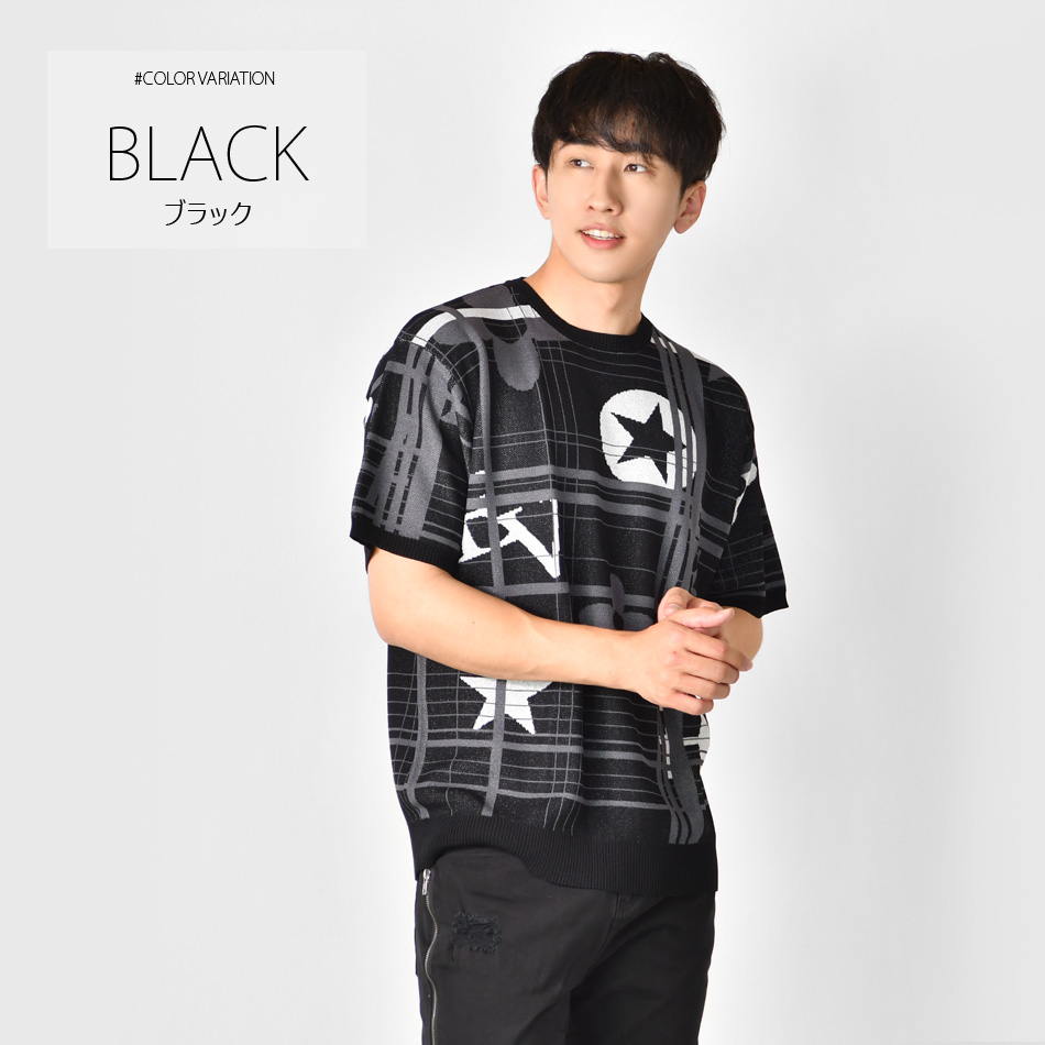 サマーニット メンズ Tシャツ 半袖 ロゴ 春夏秋 韓国ファッション モード系 サーフ オラオラ ビター カジュアル 白 黒 ホワイト グレー ブラック ロゴ M L XL | EVOLUTION | 09