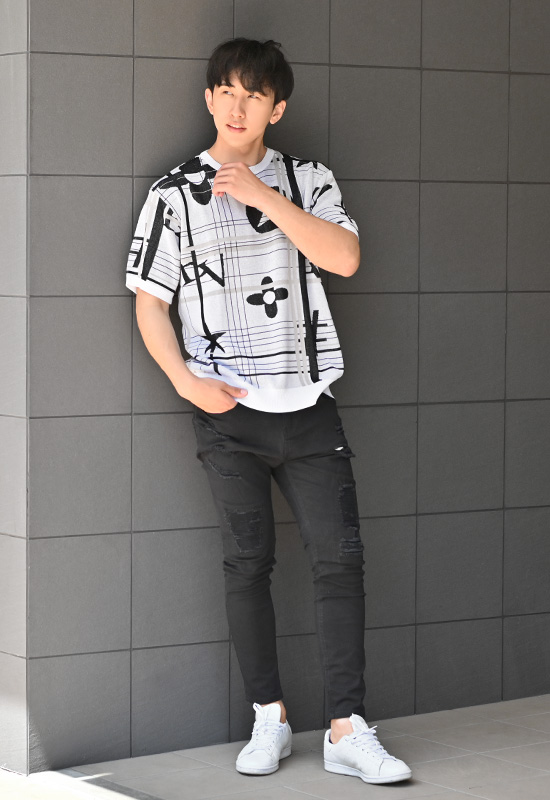 サマーニット メンズ Tシャツ 半袖 ロゴ 春夏秋 韓国ファッション モード系 サーフ オラオラ ビター カジュアル 白 黒 ホワイト グレー ブラック ロゴ M L XL | EVOLUTION | 06