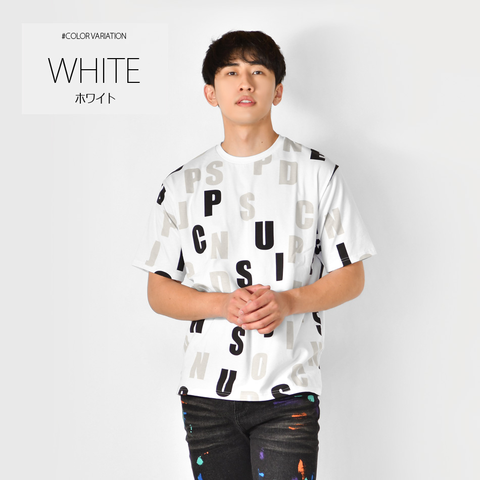 Tシャツ メンズ 半袖 ロゴ プリント クルーネック 総柄 派手 春夏秋 ゴルフウエア ストリート系 サーフ系 モード系 オラオラ系 白 黒 ホワイト ブラック M L XL | EVOLUTION | 01