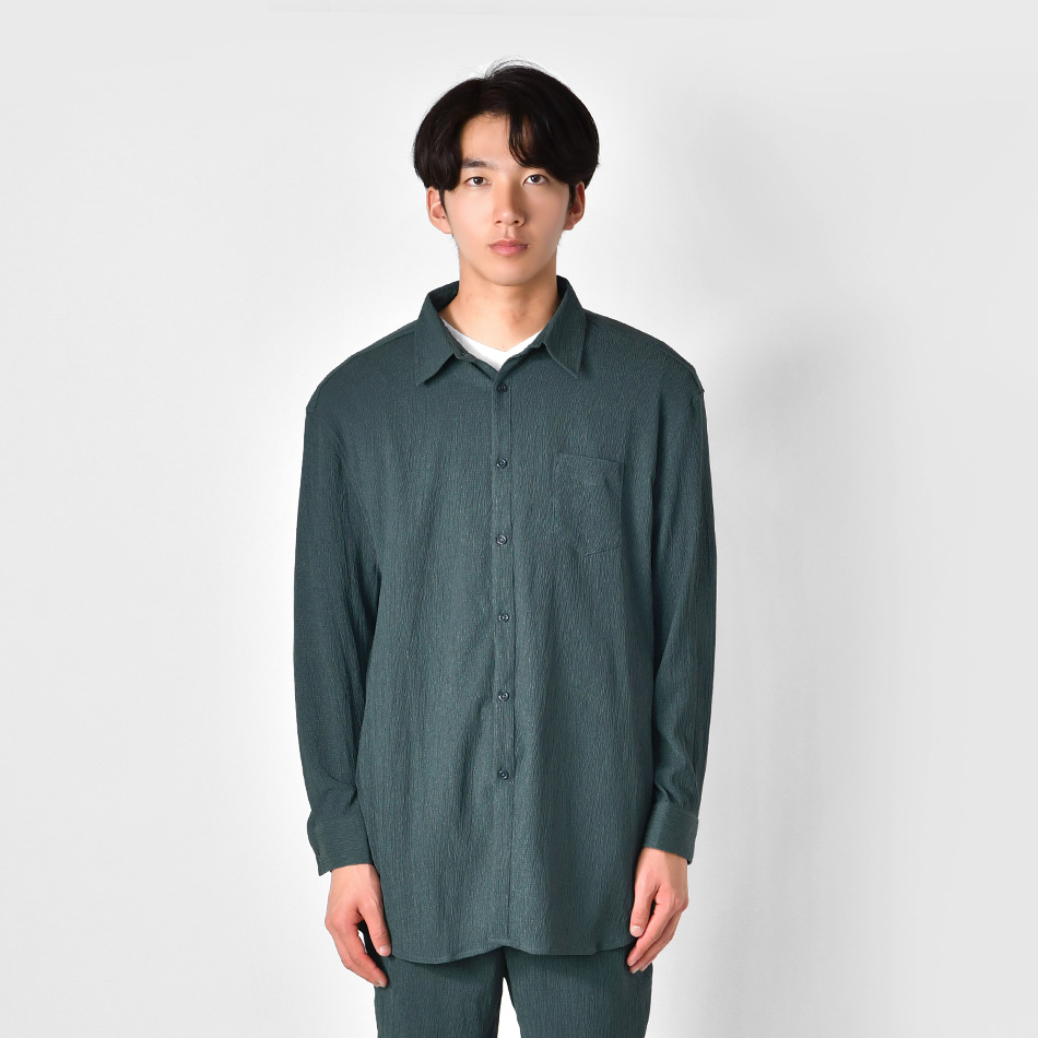 カジュアルシャツ メンズ ビッグシルエット 薄手 長袖 涼しい ロング丈 楊柳 春夏秋 モード 韓国ファッション アイボリー グリーン ブラック 白 黒 M L XL | EVOLUTION | 15