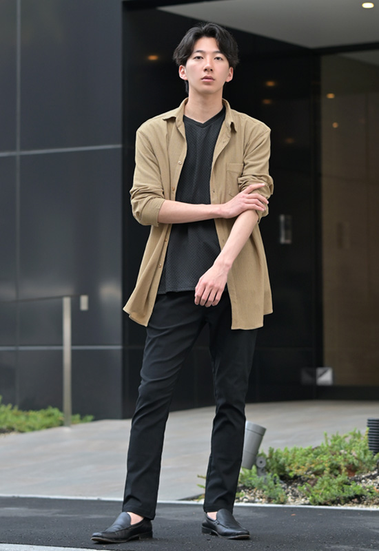 カジュアルシャツ メンズ ビッグシルエット 薄手 長袖 涼しい ロング丈 楊柳 春夏秋 モード 韓国ファッション アイボリー グリーン ブラック 白 黒 M L XL | EVOLUTION | 10