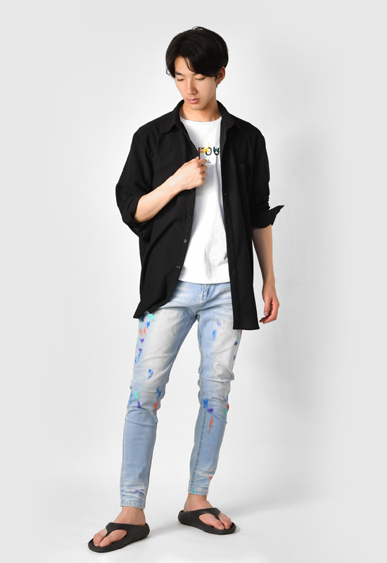 カジュアルシャツ メンズ ビッグシルエット 薄手 長袖 涼しい ロング丈 楊柳 春夏秋 モード 韓国ファッション アイボリー グリーン ブラック 白 黒 M L XL | EVOLUTION | 14