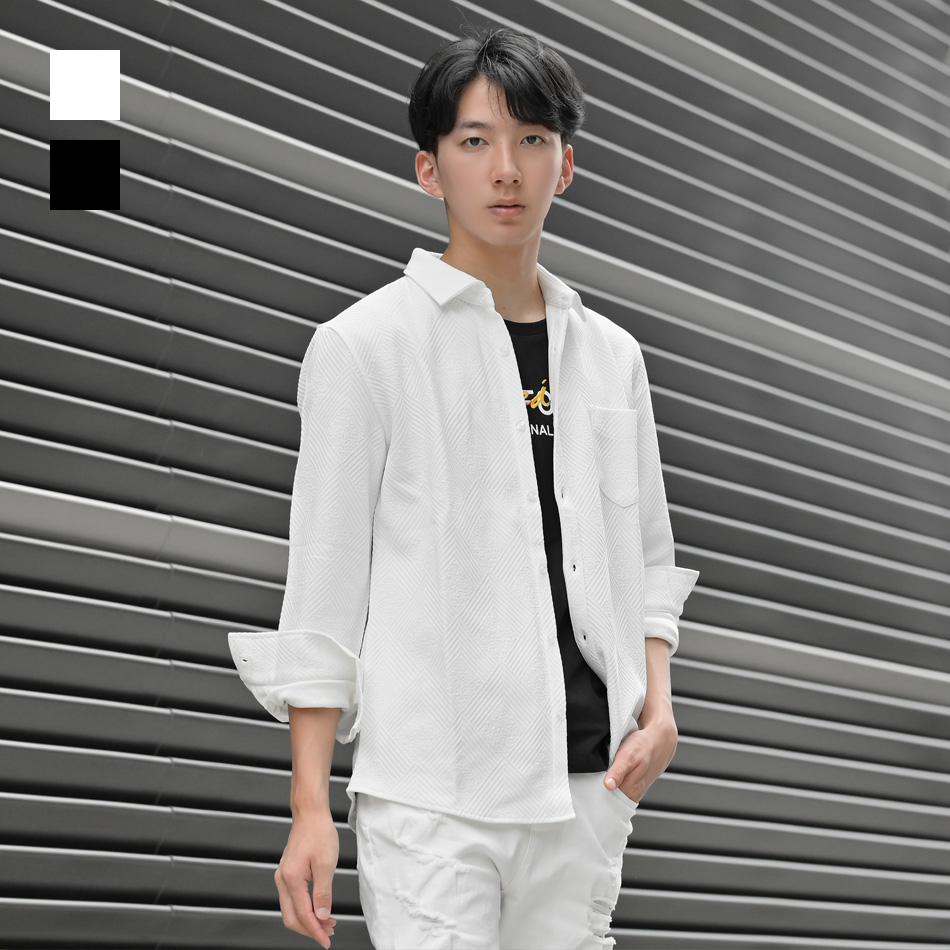カジュアルシャツ メンズ 長袖 無地 ストレッチ 織柄 総柄 春秋冬 細め タイト 綺麗め シンプル モード 韓国ファッション ホワイト ブラック 白 黒 M L XL LL 2L | EVOLUTION