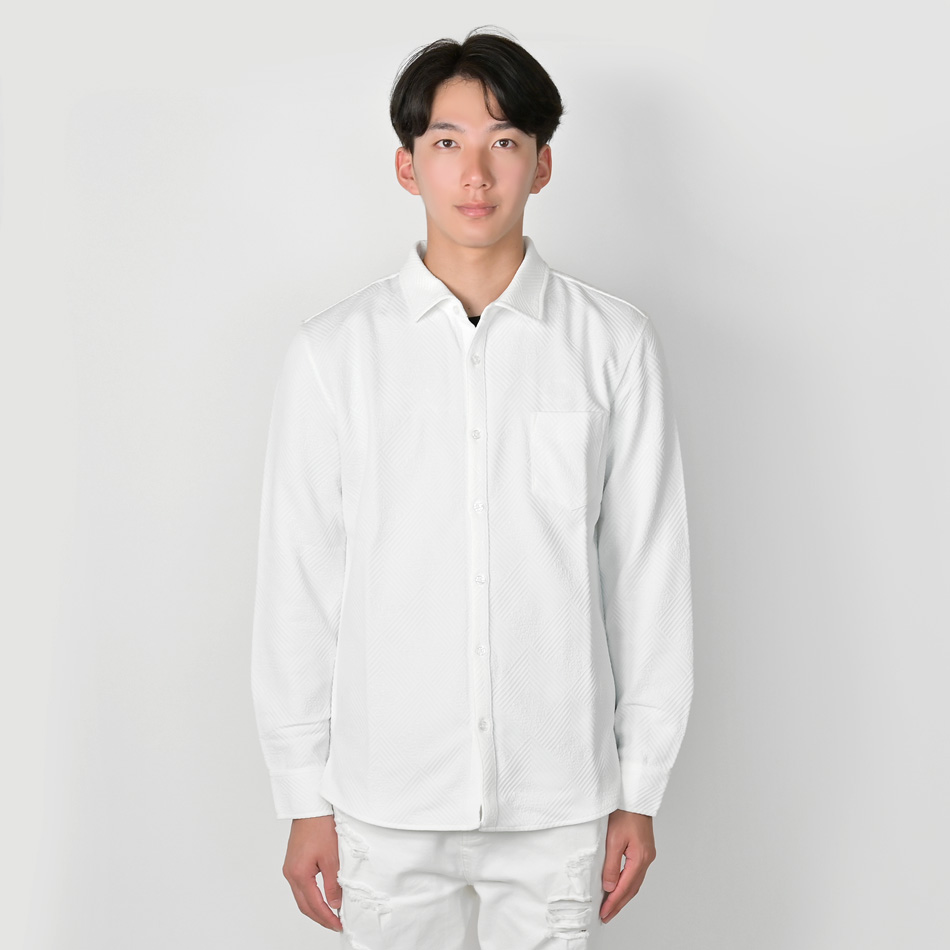 カジュアルシャツ メンズ 長袖 無地 ストレッチ 織柄 総柄 春秋冬 細め タイト 綺麗め シンプル モード 韓国ファッション ホワイト ブラック 白 黒 M L XL LL 2L | EVOLUTION | 08