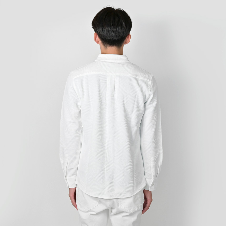 カジュアルシャツ メンズ 長袖 無地 ストレッチ 織柄 総柄 春秋冬 細め タイト 綺麗め シンプル モード 韓国ファッション ホワイト ブラック 白 黒 M L XL LL 2L | EVOLUTION | 09