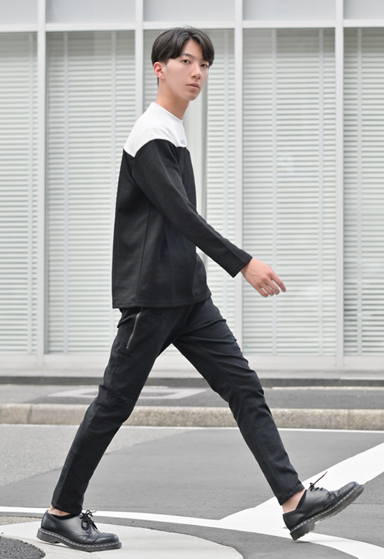 長袖Tシャツ メンズ 長袖 織柄 総柄 無地 ロンT クルーネック 晴秋冬 モード系 ストリート系 サーフ系 お兄系 オラオラ系 ホワイト ブラック 白 黒 M L XL | EVOLUTION | 07